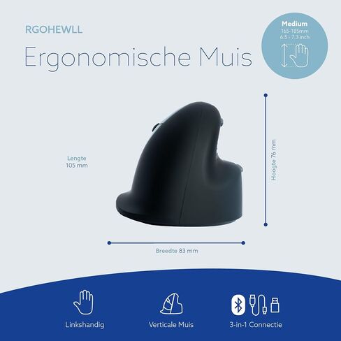 R-Go HE Ergonomic Mouse for Left Hand, Bluetooth 5.0, Silent Click, Vertical Design, with Break Software, Anti Carpal Tunnel, Rechargeable Wireless Mouse, for Windows/Mac, Customisable Buttons, Black in Kuwait