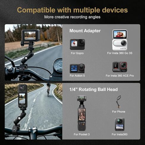 Motorcycle Mount for Insta360 X5 X4 X3 X2 X ONE RS R GO 3, 59" Invisible Selfie Stick with Adjustable Dual Clamp Bike Handlebar Mount for GoPro DJI Osmo Action/360 Camera in Kuwait