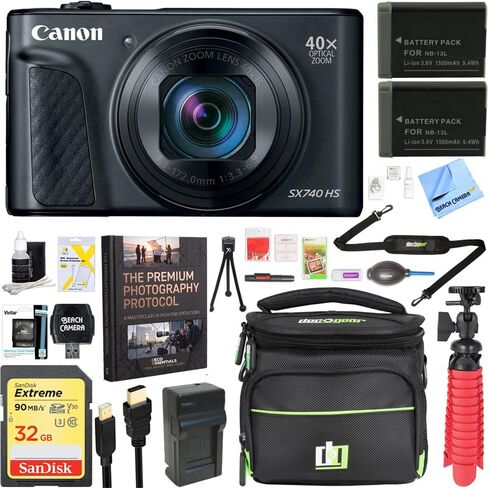 كاميرا Canon PowerShot SX740 HS بدقة 20.3 ميجابكسل وتكبير بصري 40x مع فيديو بدقة 4K - أسود (2955C001) + عبوتين بطاريات احتياطية NB-13L + حزمة ملحقات in Kuwait