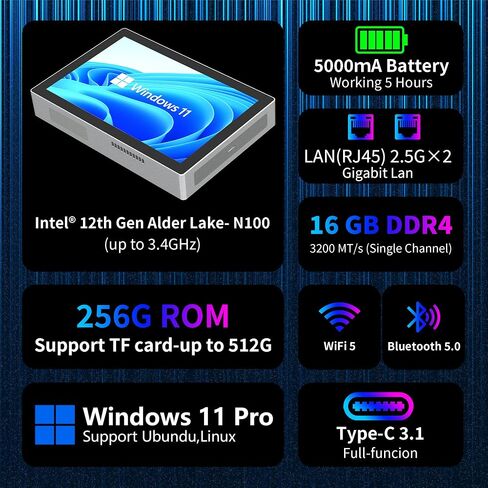 HEIGAOLA Mini PC 12th Gen N100 Windows 11 Pro 7" Screen 16GB RAM 256GB ROM Mini PC with Screen USB-C 4G Data Mini Computer WiFi 5 BT 5.0 4K Display Dual 2.5G LAN Desktop Computer in Kuwait