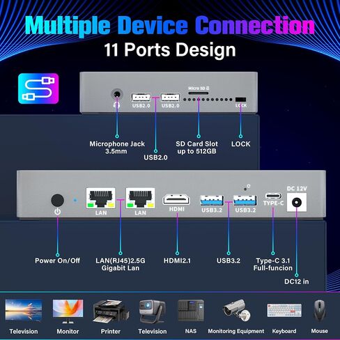 HEIGAOLA Mini PC 12th Gen N100 Windows 11 Pro 7" Screen 16GB RAM 256GB ROM Mini PC with Screen USB-C 4G Data Mini Computer WiFi 5 BT 5.0 4K Display Dual 2.5G LAN Desktop Computer in Kuwait