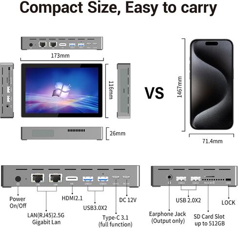 HEIGAOLA Mini PC 12th Gen N100 Windows 11 Pro 7" Screen 16GB RAM 256GB ROM Mini PC with Screen USB-C 4G Data Mini Computer WiFi 5 BT 5.0 4K Display Dual 2.5G LAN Desktop Computer in Kuwait