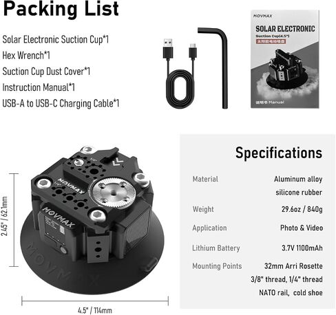 MOVMAX Solar Electronic Suction Cup Camera Mount, 4.5" Metal Suction Mount with 1/4" & 3/8" Mounting Holes for ARRI, Auto Pressure Detection & LCD Display, Compatible with Action Camera, DSLR Camera in Saudi Arabia