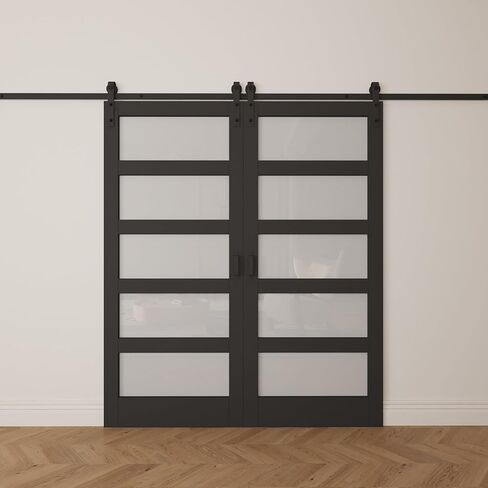 5-Lite Frosted Glass Black Primed Wood Barn Door Soft Close, 24" × 80" in Saudi Arabia