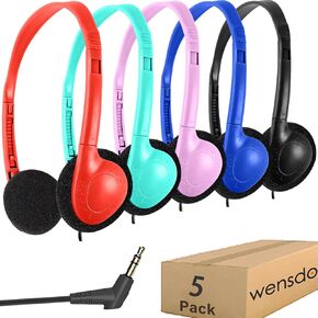 Kids Headphones Bulk 5 Pack for School Classroom Students, Wired On-Ear Headset Class Set for K-12 Teachers Children Teens, 3.5mm Jack for Chromebook Laptop Computer PC (HY857, 5 Mixed) in Kuwait