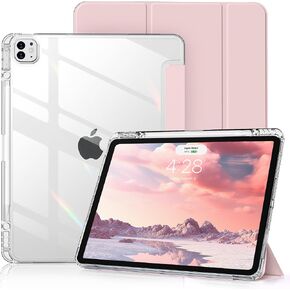 حافظة شفافة لجهاز iPad Pro 12.9 بوصة الجيل السادس/الخامس/الرابع/الثالث مع حامل أقلام [يدعم شحن قلم الرصاص] استيقاظ/نوم تلقائي، حامل ثلاثي الطي خفيف الوزن مقاوم للصدمات، غطاء خلفي صلب شفاف من البولي كربونات، وردي-2 in Kuwait
