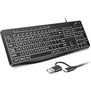 TECURS Large Print Backlit Keyboard, Wired Computer Keyboard in Kuwait