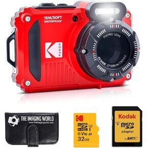 Kodak PIXPRO WPZ2 Rugged Waterproof Shockproof Dustproof WiFi Digital Camera 16MP 4X Optical Zoom 1080P Full HD Video Vlogging Camera 2.7" LCD (Red) + 32GB Card and Adapter + Card Case in Kuwait