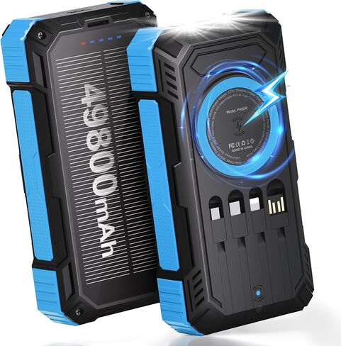 ERRBBIC Solar Charger Power Bank 49800mAh, Wireless Portable Phone Charger Built-in 4 Cable, 22.5W Fast Charging Battery Pack for iPhone 17 16 Pro iPad Samsung S26, Solar Charger for Camping,Hiking in Kuwait