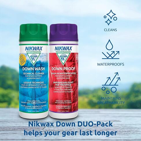 Nikwax Down, Down DUO-Pack, 300ml, Wash-In Cleaning and Waterproofing adds DWR Water Repellency to Down Filled Jackets, Outerwear, Sleeping Bags, Restores and Protects Insulation and Loft in Kuwait