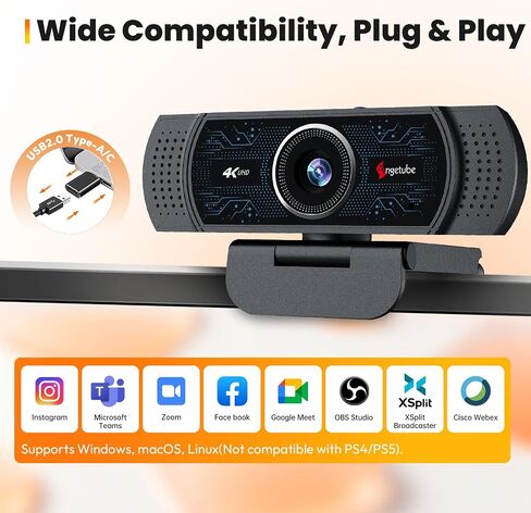 Angetube 4K Webcam for PC w/Microphone, USB Web Cam Built-in Privacy Cover in Saudi Arabia