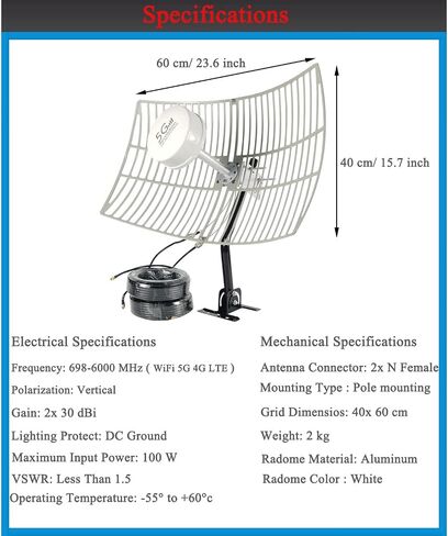WiFi 5G 4G LTE 2x2 MIMO Parabolic Antennas Kit for 4G LTE 5G Hotspot Router T-Mobile Dish Grid Cellular Directional 2.4/5.8GHz WiFi 4G LTE Antenna Long Range 30dBi with SMA TS9 Cable Pole(Full Kit) in Saudi Arabia