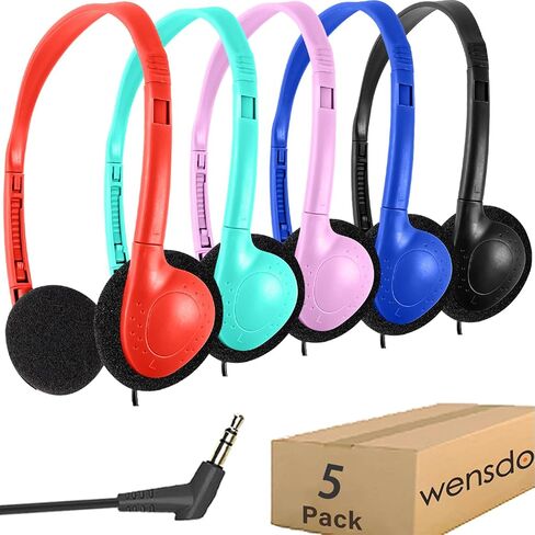 Kids Headphones Bulk 5 Pack for School Classroom Students, Wired On-Ear Headset Class Set for K-12 Teachers Children Teens, 3.5mm Jack for Chromebook Laptop Computer PC (HY857, 5 Mixed) in Kuwait