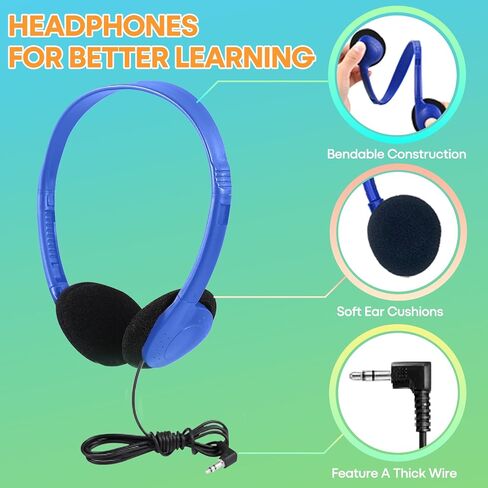 Kids Headphones Bulk 5 Pack for School Classroom Students, Wired On-Ear Headset Class Set for K-12 Teachers Children Teens, 3.5mm Jack for Chromebook Laptop Computer PC (HY857, 5 Mixed) in Kuwait