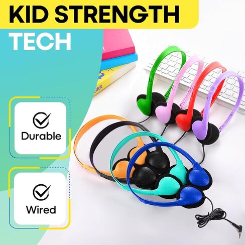 Kids Headphones Bulk 5 Pack for School Classroom Students, Wired On-Ear Headset Class Set for K-12 Teachers Children Teens, 3.5mm Jack for Chromebook Laptop Computer PC (HY857, 5 Mixed) in Kuwait