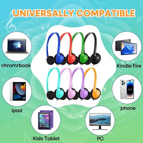 Kids Headphones Bulk 5 Pack for School Classroom Students, Wired On-Ear Headset Class Set for K-12 Teachers Children Teens, 3.5mm Jack for Chromebook Laptop Computer PC (HY857, 5 Mixed) in Kuwait