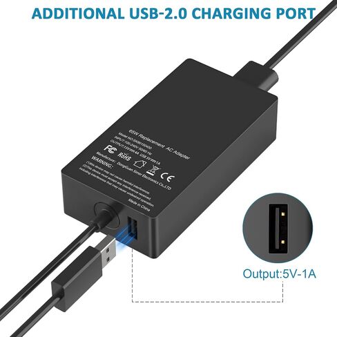 65W Charger Compatible with Microsoft Surface Pro 11, 10, 9, 8, 7+, 7, 6, 5, 4, 3, X, Surface Laptop 7/6/5/4/3/2/1, Surface Go 4/3/2/1, Surface Book 2/1,Compatible with 44W 36W in Saudi Arabia