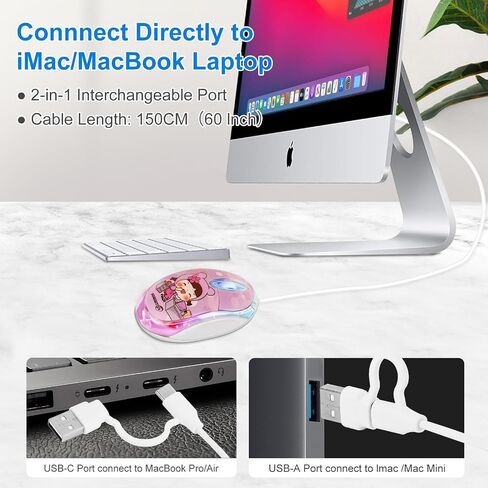 Wired Mouse with USB-C & USB-A 2-in-1, 7-Color LED Backlighting, 1.5 Meter/4.92ft Cable, 1000D-PI Mini Silent Click 3-Button Ergonomic Computer Mouse for Kids,PC,Laptop,Mac,Windows,Surface,Phone Pink in Kuwait