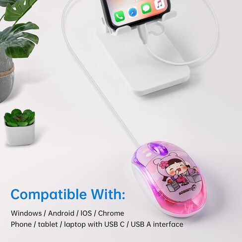 Wired Mouse with USB-C & USB-A 2-in-1, 7-Color LED Backlighting, 1.5 Meter/4.92ft Cable, 1000D-PI Mini Silent Click 3-Button Ergonomic Computer Mouse for Kids,PC,Laptop,Mac,Windows,Surface,Phone Pink in Kuwait