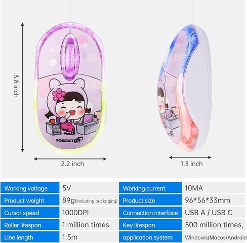 Wired Mouse with USB-C & USB-A 2-in-1, 7-Color LED Backlighting, 1.5 Meter/4.92ft Cable, 1000D-PI Mini Silent Click 3-Button Ergonomic Computer Mouse for Kids,PC,Laptop,Mac,Windows,Surface,Phone Pink in Kuwait