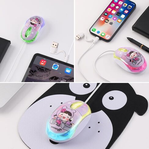 Wired Mouse with USB-C & USB-A 2-in-1, 7-Color LED Backlighting, 1.5 Meter/4.92ft Cable, 1000D-PI Mini Silent Click 3-Button Ergonomic Computer Mouse for Kids,PC,Laptop,Mac,Windows,Surface,Phone Pink in Kuwait