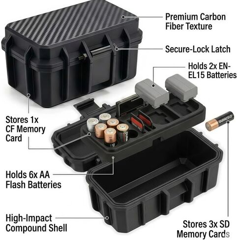EN-EL15 Battery Case & Memory Card Holder, Camera Battery Case for 2X EN-EL15 Batteries, 3X SD Cards, 1x CF Card & 4X AA Batteries for Flash – Compact Organizer for Photographers in Saudi Arabia