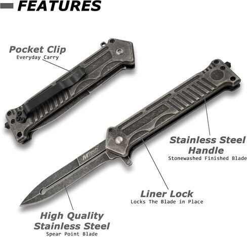 MTech USA – Pocket Folding Knife – Stonewashed Finish Stainless Steel Blade and Handle with Glass Punch and Pocket Clip - Hunting, Camping, Survival, Tactical, EDC – MT-A840P in Kuwait