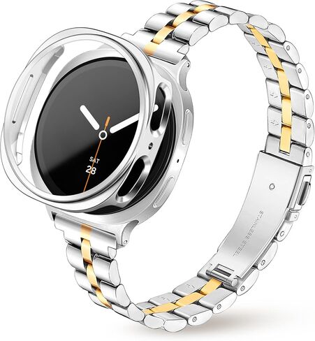 Melyis Slim Metal Band with Case Fits for Samsung Galaxy Watch 9/8 Band 40mm, Stainless Steel Galaxy 9/8 Watch Bands with Protective Case, Thin Band for Samsung Watch 9/8 Bands 40mm for Women-Gold in Kuwait