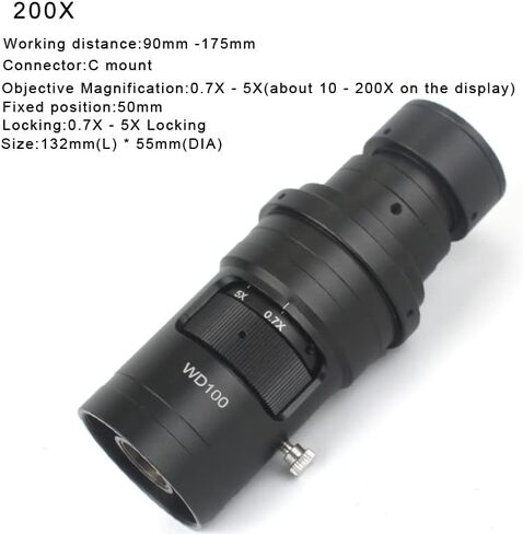 10X- 200X 0.7X-5X WD100 Adjustable Magnification C Mount Zoom Lens For HDMI VGA USB Industrial Video Microscope Camera in Kuwait
