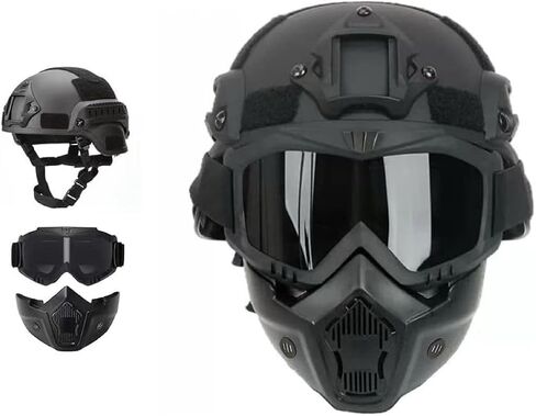 Tactical Airgun Color Bullet Adjustable ACH Tactical Helmet with Ear Protection, Front NVG Installation and Side Raiders, Removable Face Mask Anti Fog Goggles in Saudi Arabia