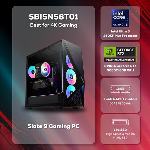iBUYPOWER Slate Gaming PC Desktop Computer Intel Core Ultra 5 250KF Plus CPU, NVIDIA RTX 5060Ti 8GB GPU, 16GB DDR5 RGB 5200MHz RAM, 1TB NVMe SSD, Windows 11 Home, Gamer Keyboard and Mouse - SBI5N56T01 in Saudi Arabia