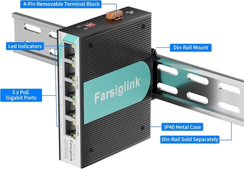 5 Port Mini Gigabit Industrial PoE+ Switch, 5×1000Mbps RJ45 IEEE 802.3af/at, Wide DC 12–44V Input, Unmanaged Plug & Play, DIN-Rail & Wall Mount for IP Camera, Industrial in Kuwait