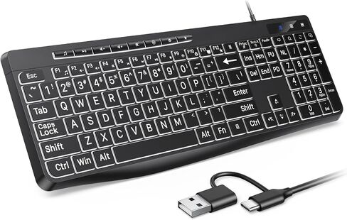TECURS Large Print Backlit Keyboard, Wired Computer Keyboard in Kuwait