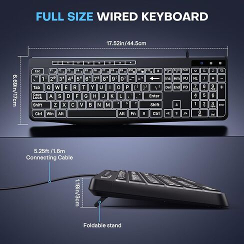 TECURS Large Print Backlit Keyboard, Wired Computer Keyboard in Kuwait