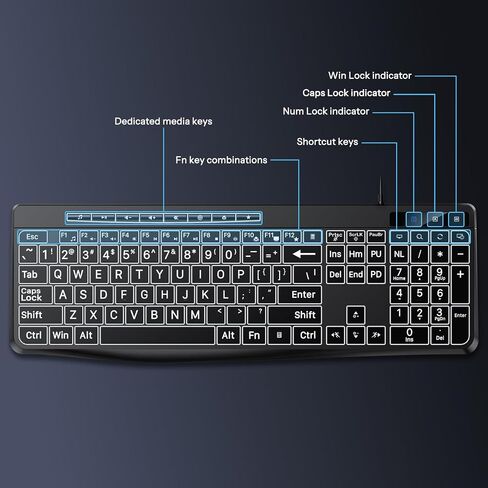 TECURS Large Print Backlit Keyboard, Wired Computer Keyboard in Kuwait