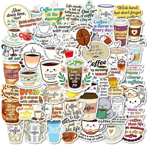 50 Pcs Coffee Stickers, Vinyl Funny Quote Decals for Water Bottle, Laptop, Phone, Gift for Teens Adults Coffee Lovers in Kuwait