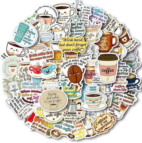 50 Pcs Coffee Stickers, Vinyl Funny Quote Decals for Water Bottle, Laptop, Phone, Gift for Teens Adults Coffee Lovers in Kuwait
