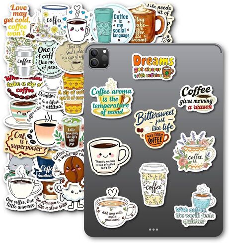 50 Pcs Coffee Stickers, Vinyl Funny Quote Decals for Water Bottle, Laptop, Phone, Gift for Teens Adults Coffee Lovers in Kuwait