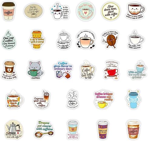 50 Pcs Coffee Stickers, Vinyl Funny Quote Decals for Water Bottle, Laptop, Phone, Gift for Teens Adults Coffee Lovers in Kuwait