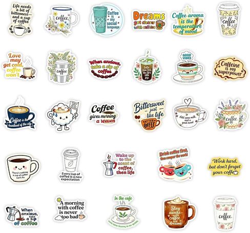 50 Pcs Coffee Stickers, Vinyl Funny Quote Decals for Water Bottle, Laptop, Phone, Gift for Teens Adults Coffee Lovers in Kuwait