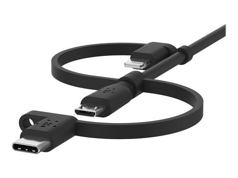 كابل Belkin 3 في 1 Universal USB-A - كابل USB-C، كابل Lightning، Micro-USB - شاحن شحن معزز لسلك الشحن مصمم لأجهزة Apple iPhone وiPad وGalaxy والكمبيوتر اللوحي والهواتف الذكية - أسود 3.3 قدم in Kuwait