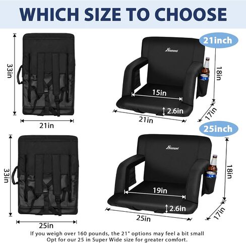 Romswi 2 Pack Wide Backpack Reclining Stadium Seat with Armrests, 6 Adjustable Angle & Hidden Hooks, Bleacher Chair with Padded Backpack Straps & Multiple Pockets for Outdoor (21in) in Kuwait