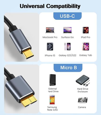 5 Gbps Micro B to USB C Hard Drive Cables, 1.5FT USB C to USB 3.0 Micro B, External Hard Drive Cable Compatible with MacBook Pro/Air, iPad/Tablet, iPhone, WD Seagate etc in Kuwait