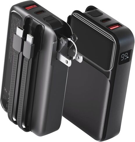 Portable Charger with Built-in Wall Plug and Cables, 22.5W Fast Charging Power Bank, USB-C and Lightning Cables, 4-Device Travel Battery Pack for iPhone, Samsung and iPad in Kuwait