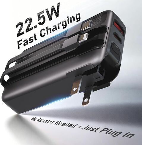 Portable Charger with Built-in Wall Plug and Cables, 22.5W Fast Charging Power Bank, USB-C and Lightning Cables, 4-Device Travel Battery Pack for iPhone, Samsung and iPad in Kuwait