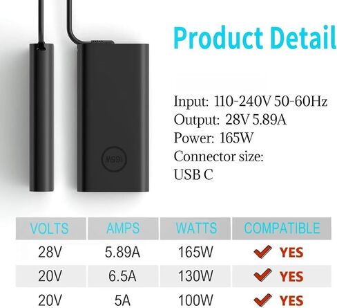 شاحن الكمبيوتر المحمول 165 وات 28 فولت 5.893A GAN USB C مناسب للدقة 5690 5680 3581 in Kuwait