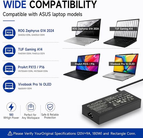 180W Laptop Charger Compatible with ASUS ROG Zephyrus G14 2024 GA403UI GA403UV, TUF Gaming A14 FA401WV, ProArt PX13 HN7306WV, 20V 9A Rectangle Conn Power Supply Adapter Cord in Saudi Arabia