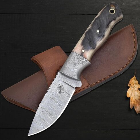 Knives Ranch Fixed Blade EDC – Damascus Steel Hunting Knife – Full Tang Ranch Knife – Ram’s Horn Handle – Cowboy Style Horizontal Carry Sheath (2111-RH) in Saudi Arabia