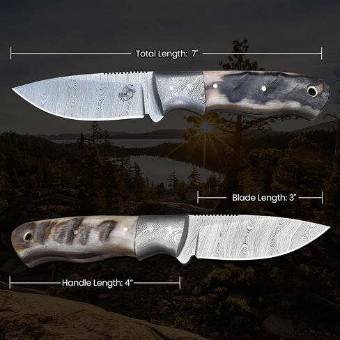Knives Ranch Fixed Blade EDC – Damascus Steel Hunting Knife – Full Tang Ranch Knife – Ram’s Horn Handle – Cowboy Style Horizontal Carry Sheath (2111-RH) in Saudi Arabia