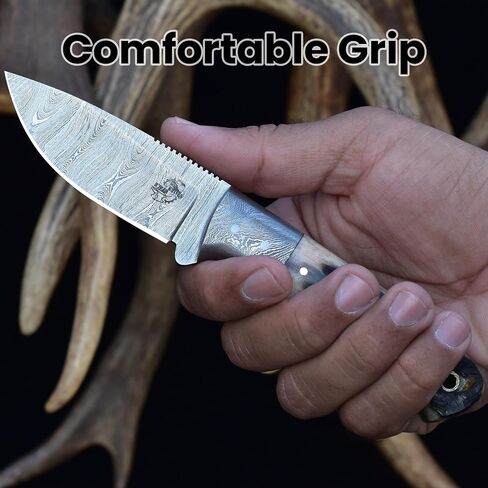 Knives Ranch Fixed Blade EDC – Damascus Steel Hunting Knife – Full Tang Ranch Knife – Ram’s Horn Handle – Cowboy Style Horizontal Carry Sheath (2111-RH) in Saudi Arabia